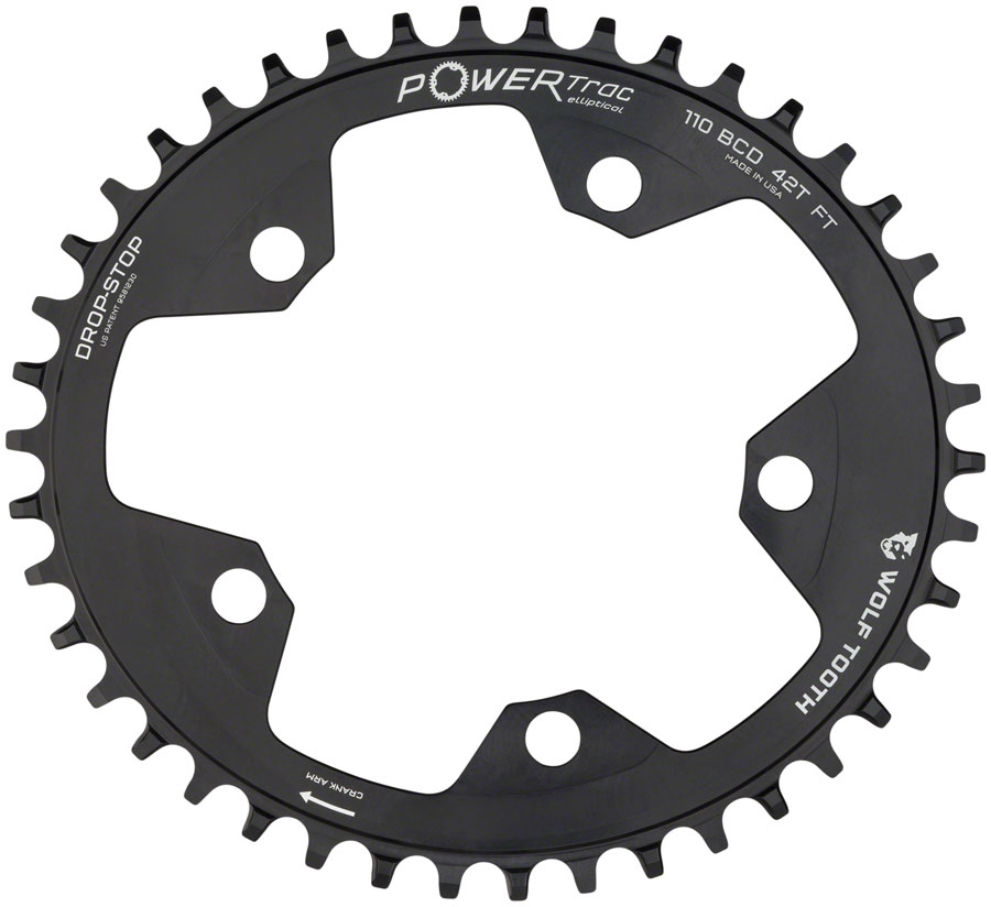 Wolf Tooth Elliptical 110 BCD Chainring - 42t 110 BCD 5-Bolt Drop-Stop 10/11/12-Speed Eagle Flattop Compatible BLK