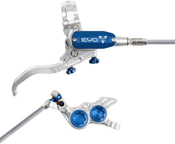 Hope EVO GR4 Disc Brake and Lever Set - Right Hand, Post Mount, 4-Piston, Braided Hydraulic Hose, Silver/Blue EA Disc Brake & Lever
