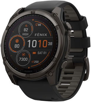 Garmin fenix 8 Smartwatch - 51mm, Solar, Sapphire, Carbon Gray DLC Titanium with Black/Pebble Gray Silicone Black EA Fitness Computers