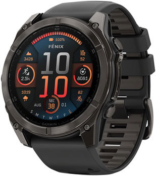 Garmin fenix 8 Smartwatch - 51mm, AMOLED, Sapphire, Carbon Gray DLC Titanium with Black/Pebble Gray Silicone Carbon Gray EA Fitness Computers