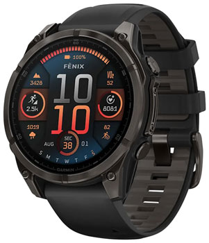 Garmin fenix 8 Smartwatch - 47mm, AMOLED, Sapphire, Carbon Gray DLC Titanium with Black/Pebble Gray Silicone, *Missing Outer Package EA Fitness Computers