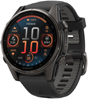 Garmin fenix 8 Smartwatch - 43mm, AMOLED, Sapphire, Carbon Gray DLC Titanium with Black/Pebble Gray Silicone Carbon Gray EA Fitness Computers