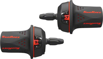 SunRace M21 Twist Shift Set 7-Speed Rear 3-Speed Front: Red EA Shifter, Flat Bar- Pair