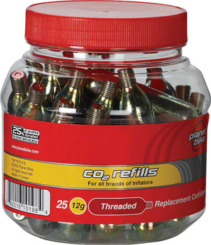 Planet Bike 12g Threaded CO2 Cartridges: Tub of 25 EA CO2 and Pressurized Cartridge