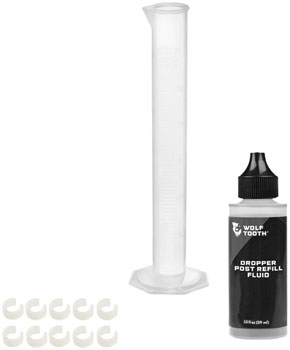 Wolf Tooth Resolve Dropper Post Service Kit - Refill Fluid 2oz, Graduated Cylinder, 10 Travel Adjustment Spacers EA Suspension Tools