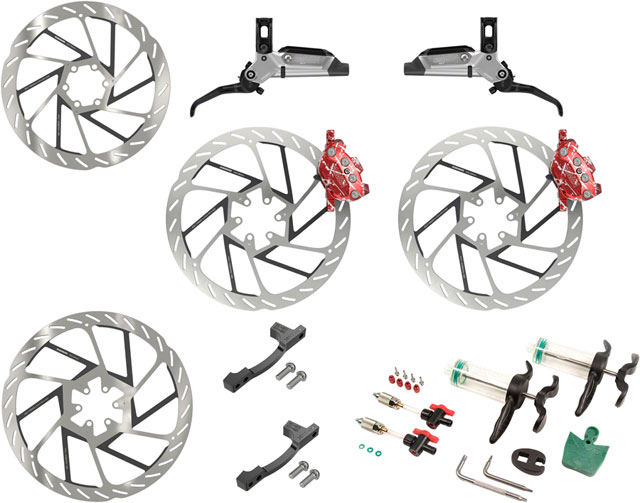 SRAM Maven Ultimate Stealth Expert Disc Brake Kit - Front/Rear Levers, Front/Rear Red Splash Calipers, Adapters, 4 Rotors, Bleed Kit