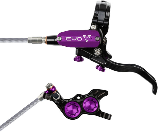 Hope EVO GR4 Disc Brake and Lever Set - Left Hand, Post Mount, 4-Piston, Braided Hydraulic Hose, Black/Purple