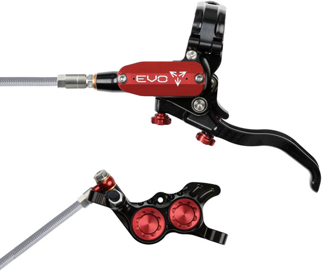 Hope EVO GR4 Disc Brake and Lever Set - Left Hand, Post Mount, 4-Piston, Braided Hydraulic Hose, Black/Red