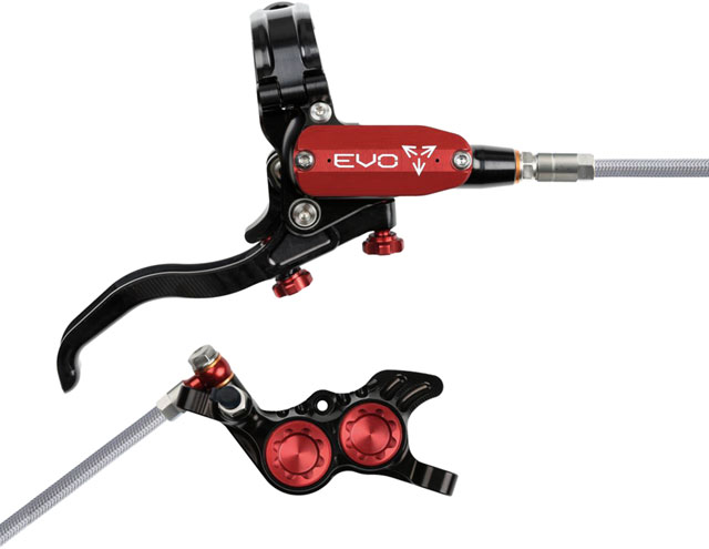 Hope EVO GR4 Disc Brake and Lever Set - Right Hand, Post Mount, 4-Piston, Braided Hydraulic Hose, Black/Red