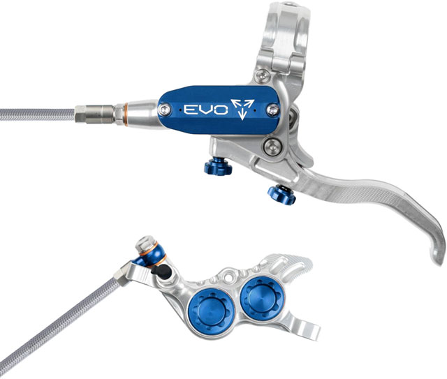 Hope EVO GR4 Disc Brake and Lever Set - Left Hand, Post Mount, 4-Piston, Braided Hydraulic Hose, Silver/Blue
