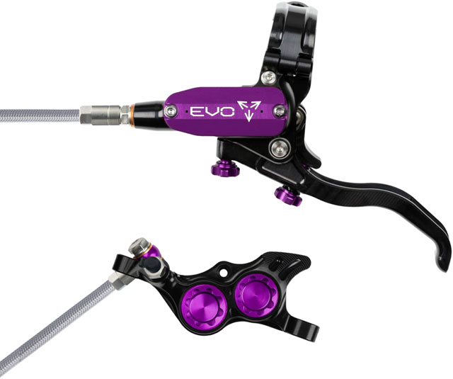 Hope EVO TR4 Disc Brake and Lever Set - Left Hand, Post Mount, 4-Piston, Braided Hydraulic Hose, Black/Purple