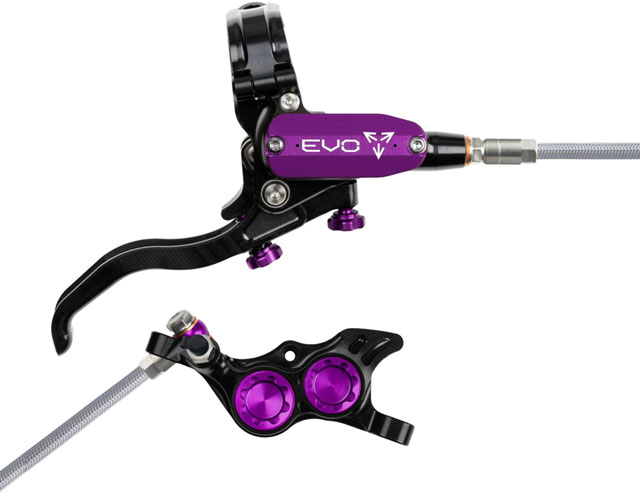 Hope EVO TR4 Disc Brake and Lever Set - Right Hand, Post Mount, 4-Piston, Braided Hydraulic Hose, Black/Purple