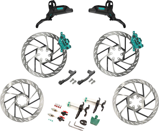 SRAM Maven Ultimate Stealth Expert Disc Brake Kit - Front/Rear Levers, Front/Rear Teal Splatter Calipers, Adapters, Rotors, Bleed Kit, A1