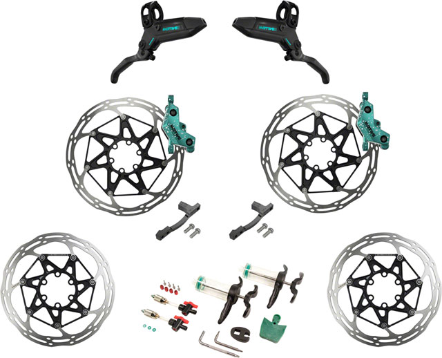 SRAM Motive Ultimate Stealth Expert Disc Brake Kit - Front/Rear Levers, Front/Rear Teal Splatter Calipers, Adapters, Rotors, Bleed Kit, A1