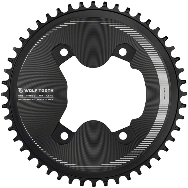 Wolf Tooth Aero 110 Asymmetric BCD Chainring - 48t, 110 Asymmetric BCD, 4-Bolt, Drop-Stop ST, For Shimano GRX 800 Series, Black