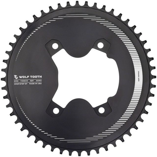 Wolf Tooth Aero 110 Asymmetric BCD Chainring - 52t, 110 Asymmetric BCD, 4-Bolt, Drop-Stop ST, For Shimano GRX 800 Series, Black
