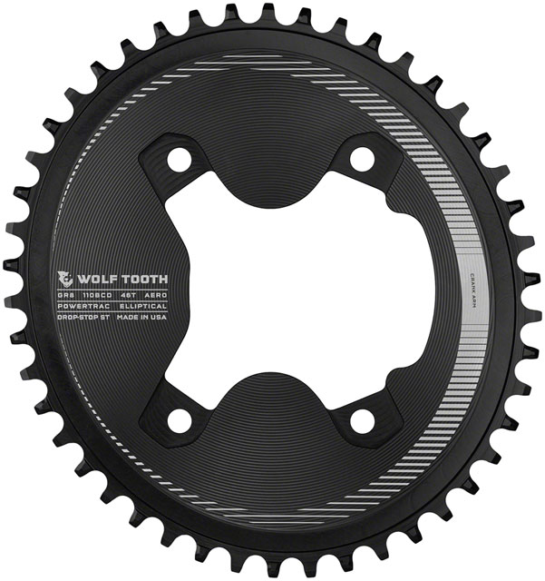 Wolf Tooth Elliptical Aero 110 Asymmetric BCD Chainring - 46t, 110 Asymmetric BCD, 4-Bolt, Drop-Stop ST, For Shimano GRX 800 Series, Black