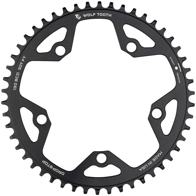 Wolf Tooth 130 BCD Road and Cyclocross Chainring - 52t, 130 BCD, 5-Bolt, Drop-Stop B, 10/11/12-Speed Eagle and Flattop Compatible, Black