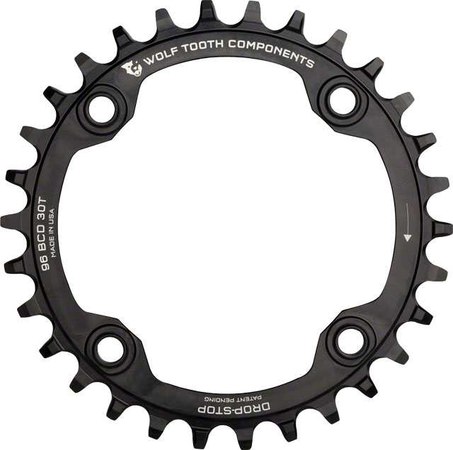 Wolf Tooth 96 Symmetrical BCD Chainring - 30t, 96 BCD, 4-Bolt, Drop-Stop A, For Shimano Cranks, Black