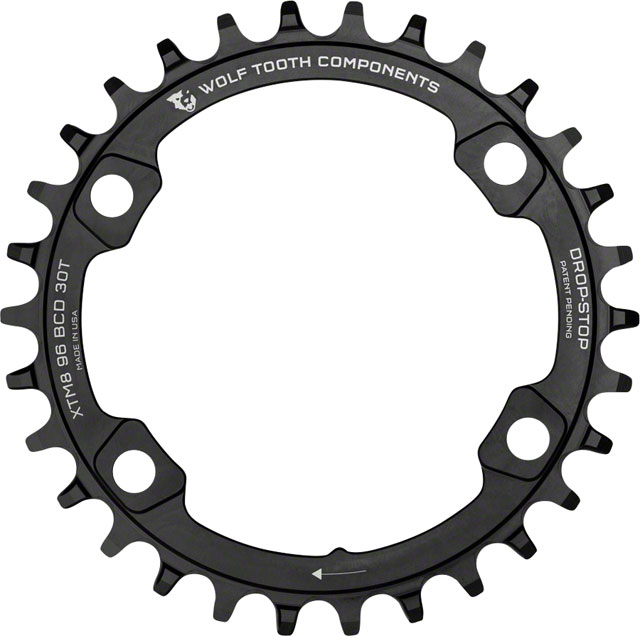 Wolf Tooth 96 BCD Chainring - 38t, 96 Asymmetric BCD, 4-Bolt, Drop-Stop A, For Shimano XT M8000 and SLX M7000 Cranks, Black