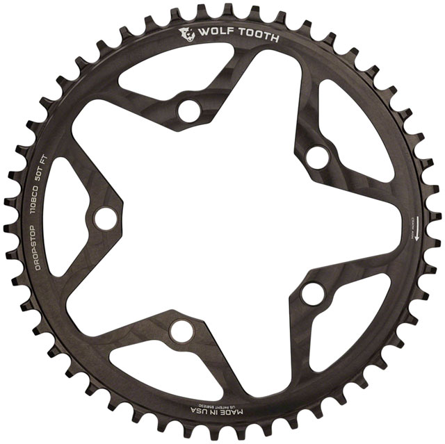 Wolf Tooth 110 BCD Cyclocross and Road Chainring - 50t, 110 BCD, 5-Bolt, Drop-Stop B, 10/11/12-Speed Eagle and Flattop Compatible, Black