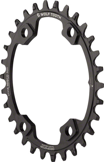 Wolf Tooth Elliptical 96 BCD Chainring - 30t, 96 Asymmetric BCD, 4-Bolt, Drop-Stop A, For Shimano XT M8000 and SLX M7000 Cranks, Black