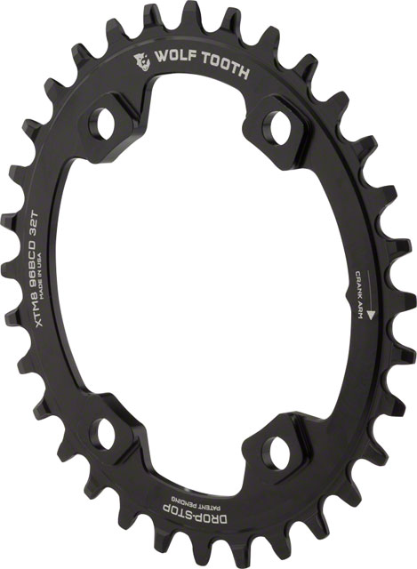 Wolf Tooth Elliptical 96 BCD Chainring - 32t, 96 Asymmetric BCD, 4-Bolt, Drop-Stop A, For Shimano XT M8000 and SLX M7000 Cranks, Black