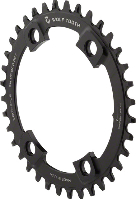Wolf Tooth Shimano 110 Asymmetric BCD Chainring - 36t, 110 Asymmetric BCD, 4-Bolt, Drop-Stop A, For Shimano Cranks, Black