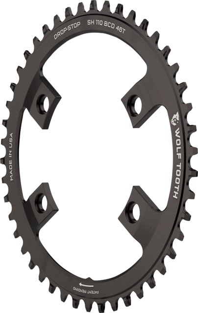 Wolf Tooth Shimano 110 Asymmetric BCD Chainring - 46t, 110 Asymmetric BCD, 4-Bolt, Drop-Stop A, For Shimano Cranks, Black