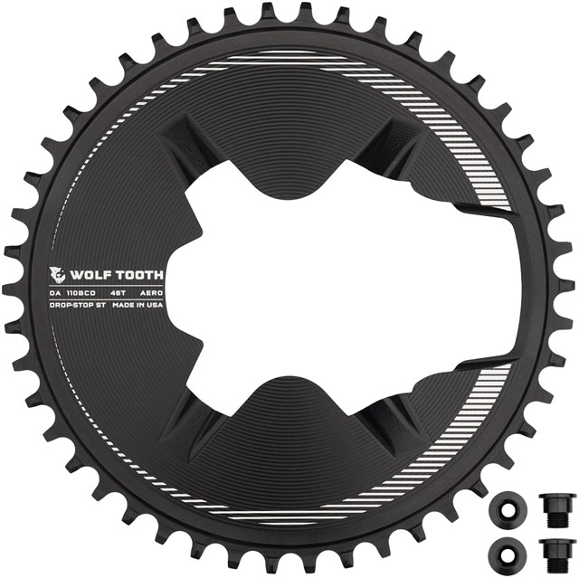 Wolf Tooth Aero Direct Mount 1x Chainring - 46t, 4-Bolt, Drop-Stop ST, Compatible with Shimano Dura-Ace R9200/R9200-P Only, Black