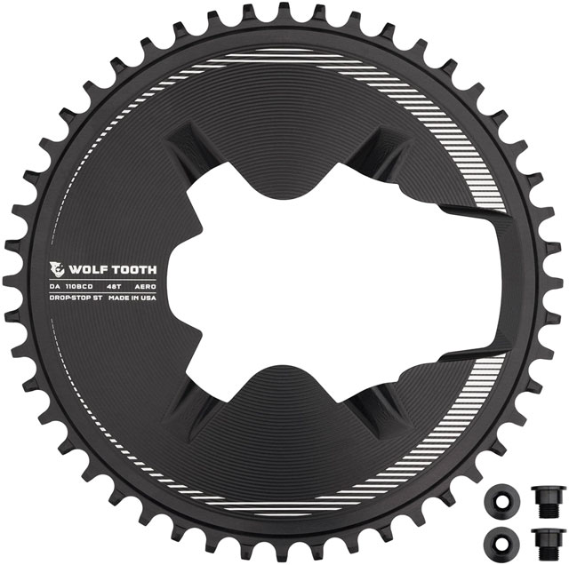 Wolf Tooth Aero Direct Mount 1x Chainring - 48t, 4-Bolt, Drop-Stop ST, Compatible with Shimano Dura-Ace R9200/R9200-P Only, Black
