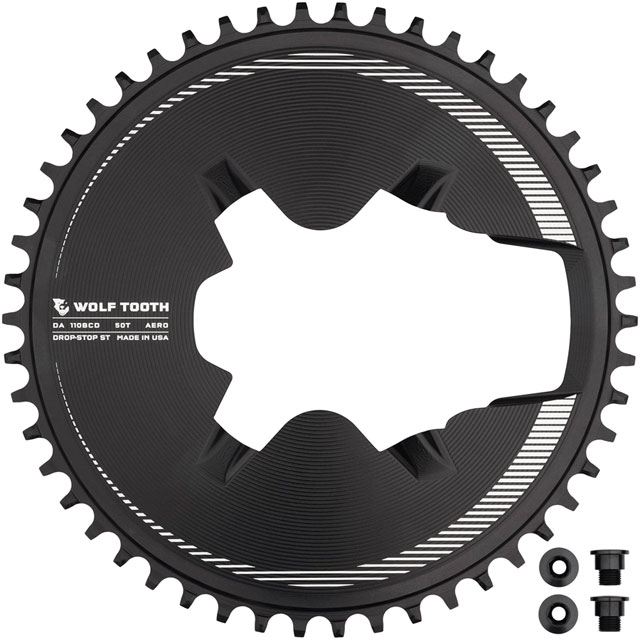 Wolf Tooth Aero Direct Mount 1x Chainring - 50t, 4-Bolt, Drop-Stop ST, Compatible with Shimano Dura-Ace R9200/R9200-P Only, Black