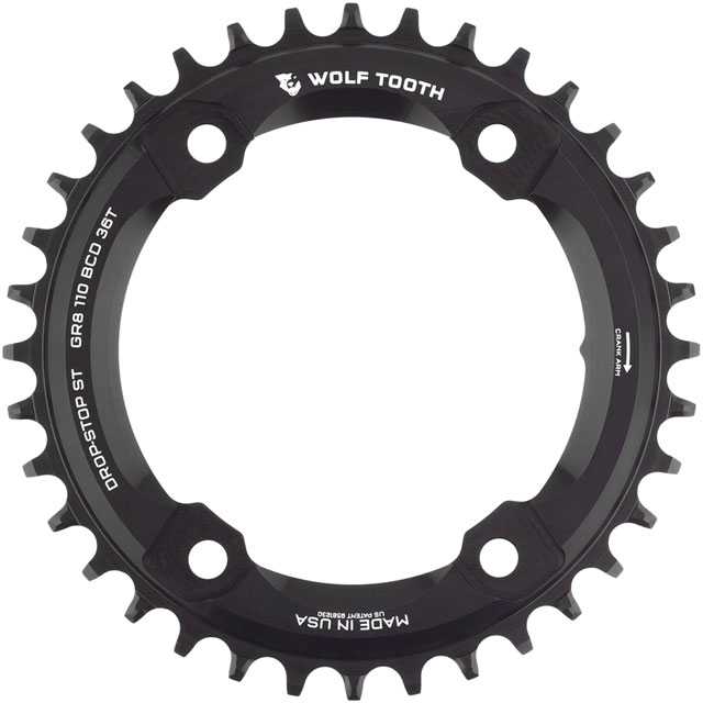 Wolf Tooth Shimano 110 Asymmetric BCD Chainring - 36t, 110 Asymmetric BCD, 4-Bolt, Drop-Stop ST, For Shimano GRX Cranks, Black