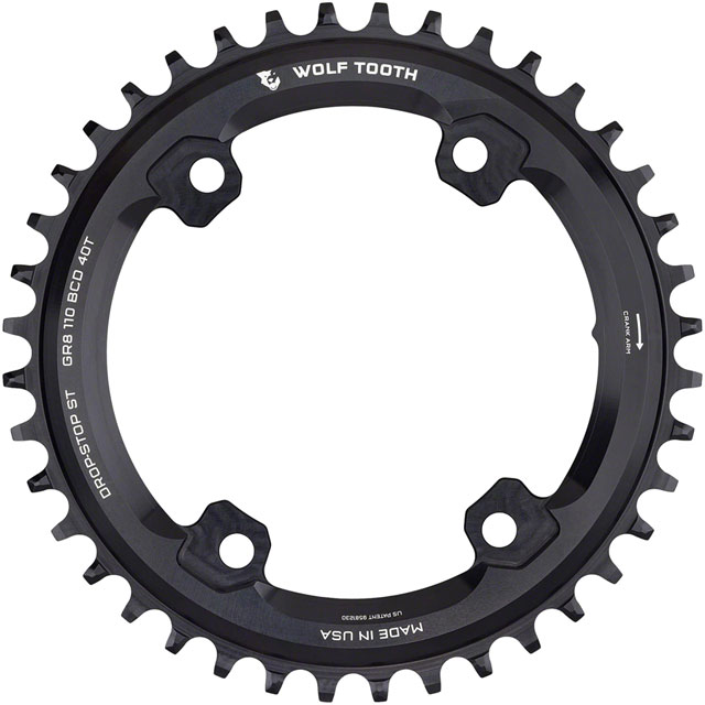 Wolf Tooth Shimano 110 Asymmetric BCD Chainring - 40t, 110 Asymmetric BCD, 4-Bolt, Drop-Stop ST, For Shimano GRX Cranks, Black