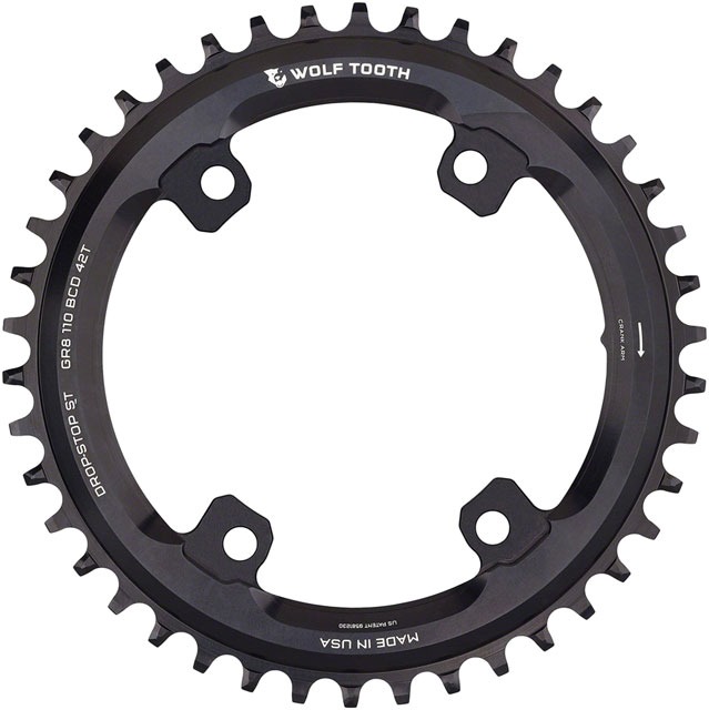 Wolf Tooth Shimano 110 Asymmetric BCD Chainring - 42t, 110 Asymmetric BCD, 4-Bolt, Drop-Stop ST, For Shimano GRX Cranks, Black
