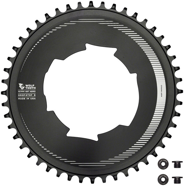 Wolf Tooth Aero 107 BCD Chainring - 48t, Optimized for SRAM Eagle and Flaptop Chains, Drop-Stop B, Black
