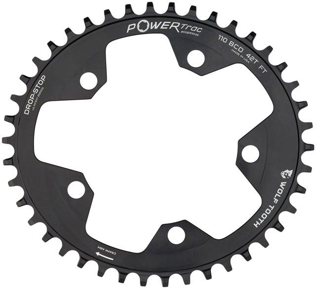 Wolf Tooth Elliptical 110 BCD Chainring - 38t, 110 BCD, 5-Bolt, Drop-Stop B, 10/11/12-Speed Eagle and Flattop Compatible, Black