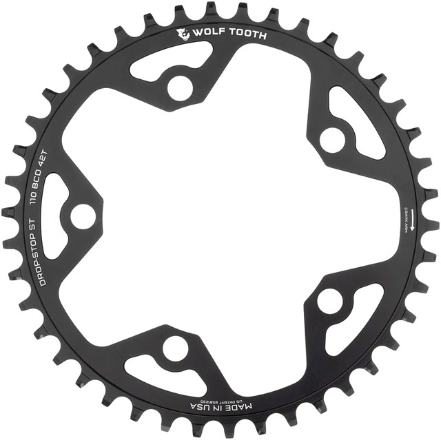 Wolf Tooth 110 BCD Gravel, CX and Road Chainring - 42t, 110 BCD, 5-Bolt, Drop-Stop ST, For Shimano HG+ and KMC 12-Speed Chains, Black