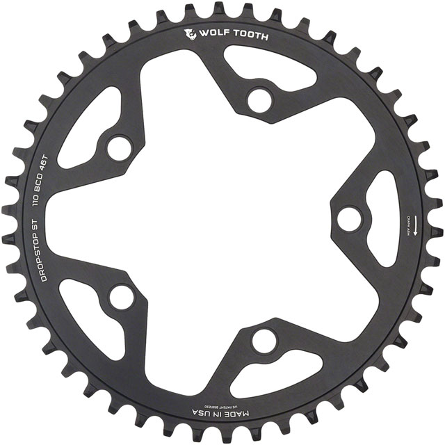Wolf Tooth 110 BCD Gravel, CX and Road Chainring - 46t, 110 BCD, 5-Bolt, Drop-Stop ST, For Shimano HG+ and KMC 12-Speed Chains, Black