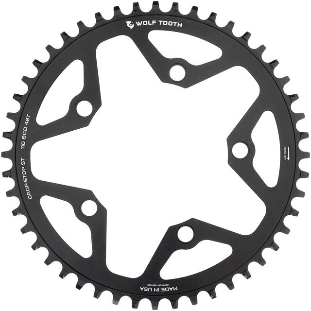 Wolf Tooth 110 BCD Gravel, CX and Road Chainring - 48t, 110 BCD, 5-Bolt, Drop-Stop ST, For Shimano HG+ and KMC 12-Speed Chains, Black