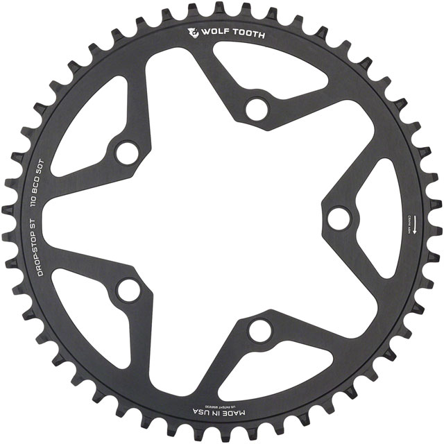 Wolf Tooth 110 BCD Gravel, CX and Road Chainring - 50t, 110 BCD, 5-Bolt, Drop-Stop ST, For Shimano HG+ and KMC 12-Speed Chains, Black