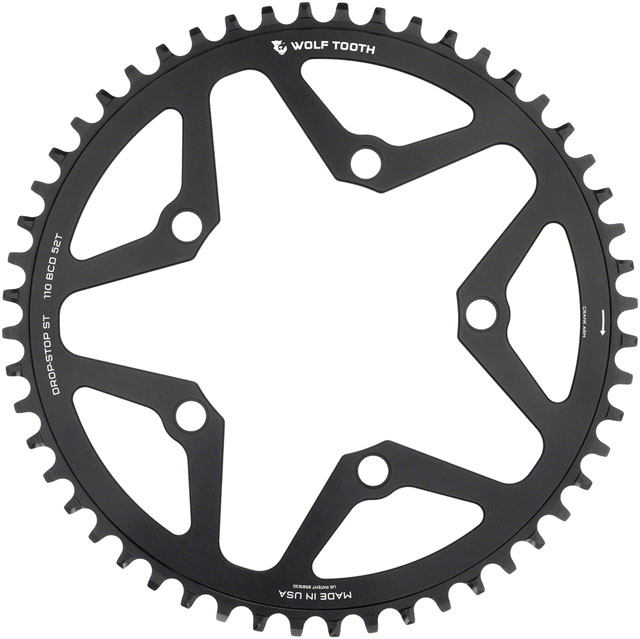 Wolf Tooth 110 BCD Gravel, CX and Road Chainring - 52t, 110 BCD, 5-Bolt, Drop-Stop ST, For Shimano HG+ and KMC 12-Speed Chains, Black