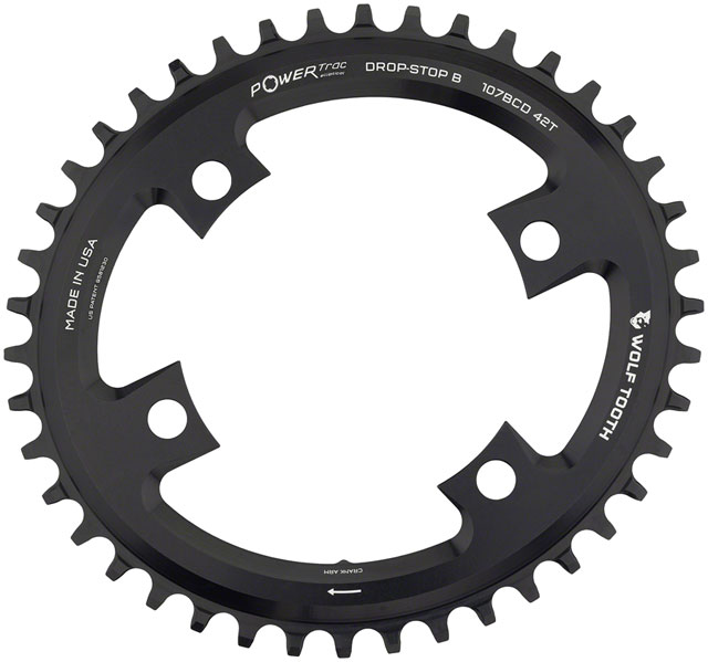 Wolf Tooth Elliptical 107 BCD Chainring - 42t, Compatible with SRAM 107 BCD, Drop-Stop B, 4-Bolt, Black