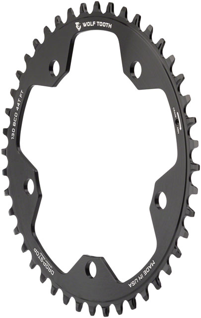 Wolf Tooth 130 BCD Road and Cyclocross Chainring - 44t, 130 BCD, 5-Bolt, Drop-Stop B, 10/11/12-Speed Eagle and Flattop Compatible, Black