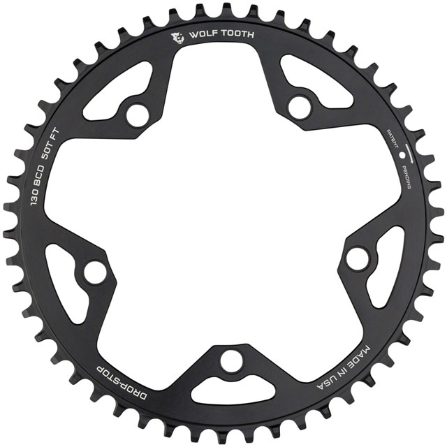 Wolf Tooth 130 BCD Road and Cyclocross Chainring - 50t, 130 BCD, 5-Bolt, Drop-Stop B, 10/11/12-Speed Eagle and Flattop Compatible, Black