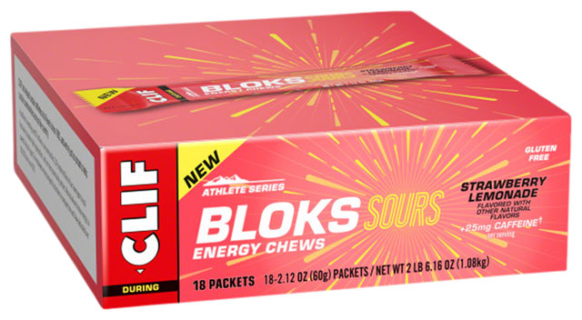 Clif Shot Bloks - Sour Strawberry Lemonade, with 25mg Caffeine, Box of 18