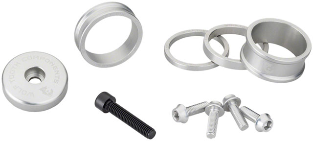 Wolf Tooth Headset BlingKit - 3, 5,10, 15mm Spacers, Top cap with Integrated 5mm Spacer, Raw Silver