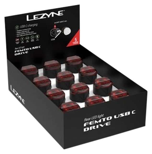 Lezyne Femto USB-C Drive Taillight - Pack of 12, Black