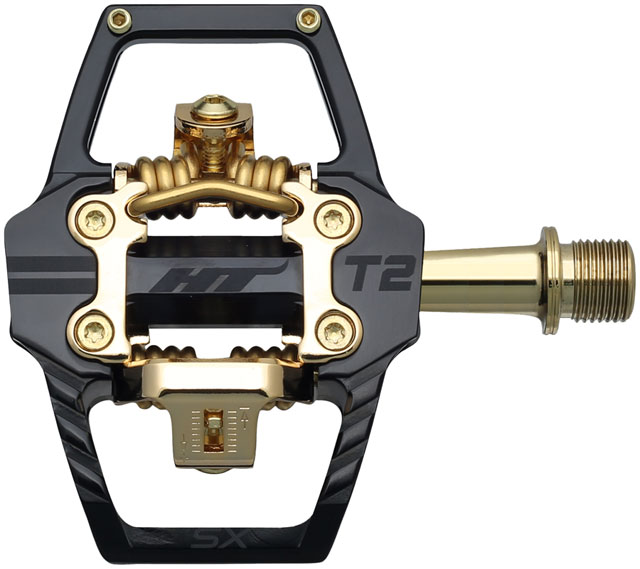 HT Components T2-SX Pedals - Dual Sided Clipless with Platform, Aluminum, 9/16", Black/Gold