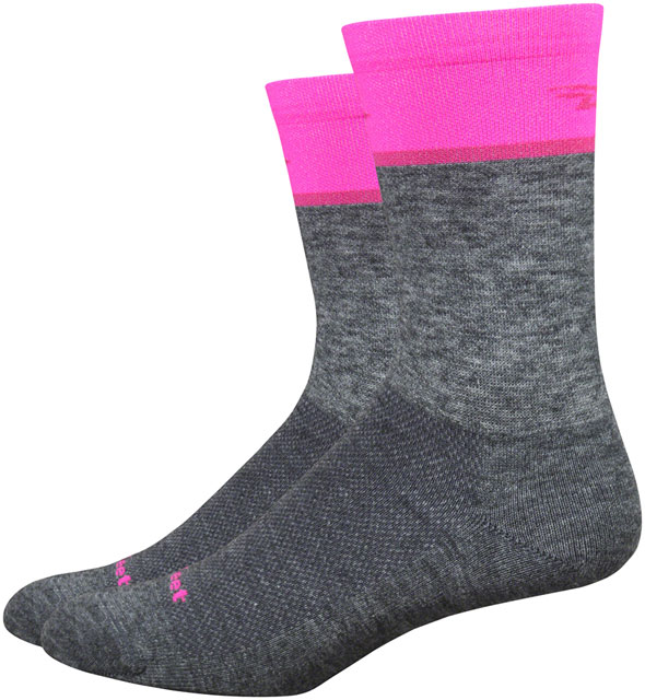 DeFeet Wooleator Comp Team DeFeet Socks - 6 inch, Gravel Gray/Hi-Vis Pink, X-Large